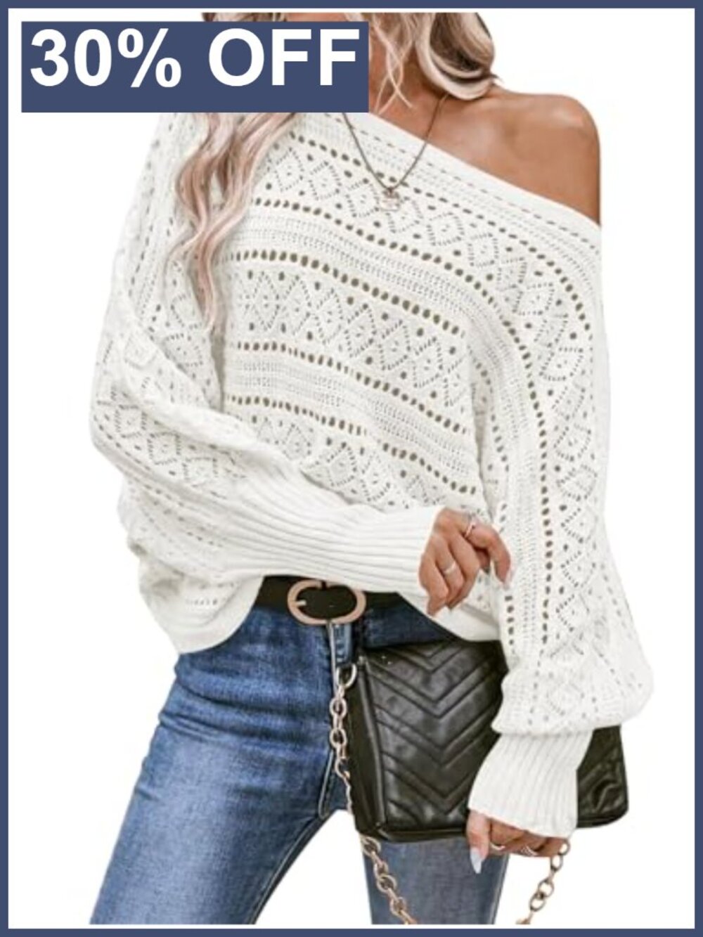 Cakulo Off Shoulder Oversized Crochet Knit Sweater Batwing Sleeve Pullover